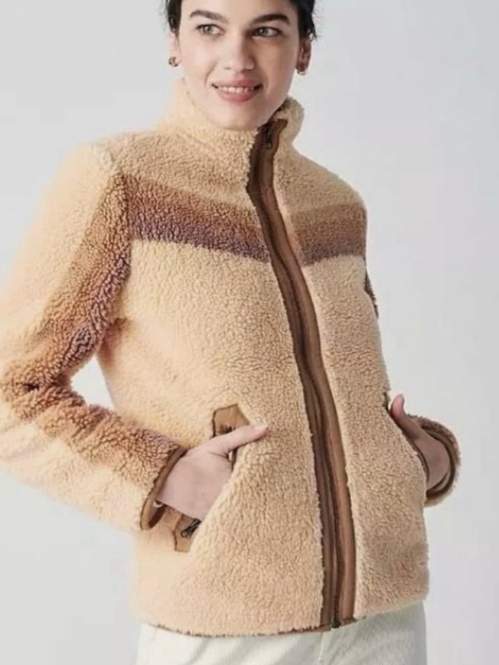 Faherty Cream Sherpa Trench Coat with Brown Stripe Detail